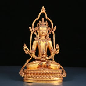A Brilliant Gilt-Bronze Gem-Inlaid Figure Of Amitayus With marks