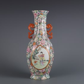 A Rare Famille-Rose Painted Gold Flower and Figure Pattern Double-Ears Vase