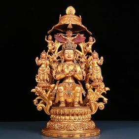 solemn gilt bronze statue of Bodhisattva inlaid with turquoise