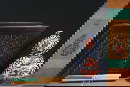 A Rare Blue and White Red Glazed Auspicious Cloud,Fish and Dragon Pattern Gourd-Shaped Vase,With