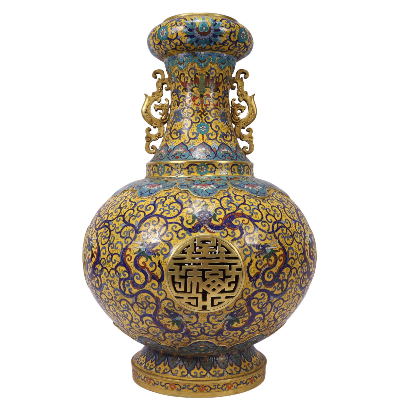 A Huge Cloisonne Hollow Lotus and Dragon Pattern Dragon-Ears Vase: A Huge Cloisonne Hollow Lotus and Dragon Pattern Dragon-Ears Vase,Qing Dynasty, China,Qianlong Six-character Mark,Size:35cmx45cm,Weight:10500g 