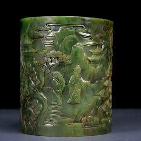 An Exquisite Jasper Landscape and Figure Pattern Brush Pot