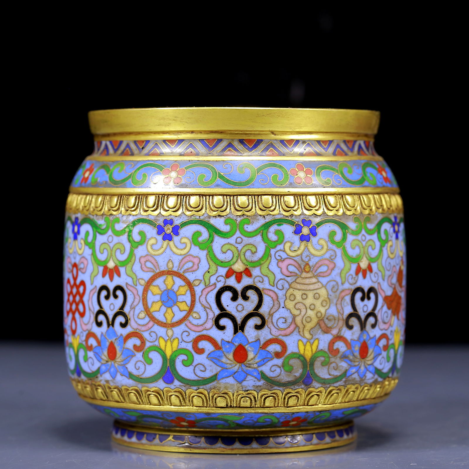 An Exquisite Cloisonne Lotus and Eight Treasures Pattern Jar: An Exquisite Cloisonne Lotus and Eight Treasures Pattern Jar,Qing Dynasty, China,Qianlong Four-character Mark,Size:11cmx12cm,Weight:1315g 