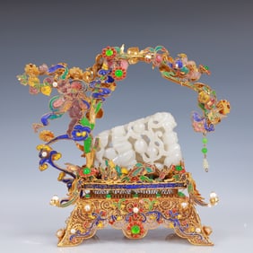 An Exquisite Filigree and Gilding Inlaid White Jade Figure Ornament,Inlaid Gems