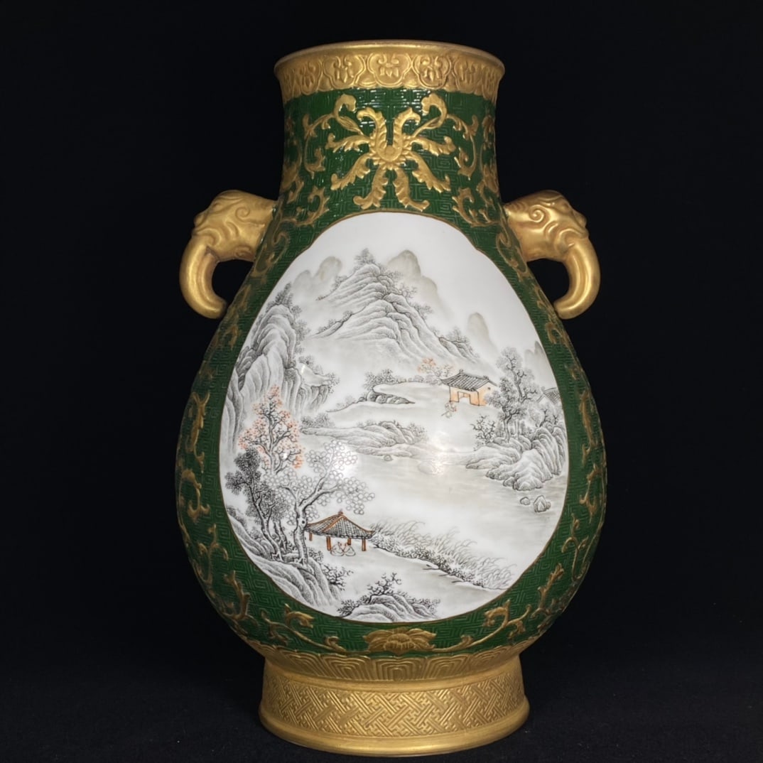 A Rare Ink Color Green Glazed Painted Gold Landscape and Figure Pattern Double-Ears Vase: A Rare Ink Color Green Glazed Painted Gold Landscape and Figure Pattern Double-Ears Vase,Qing Dynasty, China,Qianlong Four-character Mark,Size:12.2inx7.7in 墨彩绿釉描%