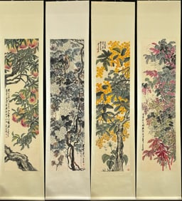 A Set of Chinese Vertical Scroll Ink Painting of Flower and Fruit on Paper,Wu Changshuo
