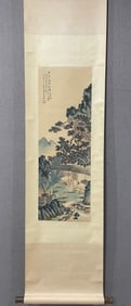 A Chinese Vertical Scroll Ink Painting of Landscape and Figure on Silk,Feng Chaoran