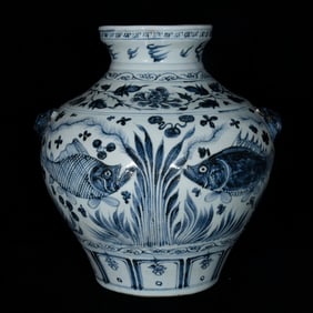 A Rare Blue and White Fish and Algae Pattern Beast-Ears Jar