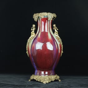 A Huge Flambe Glazed Inlaid Bronze Figure-Ears Vase