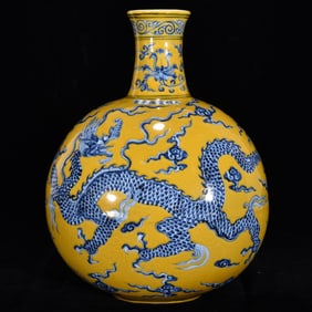 A Rare Yellow Ground Blue and White Auspicious Cloud and Dragon Pattern Vase