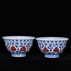 A Pair of Exquisite Blue and White Underglaze-Red Lotus and Lion Pattern Cups