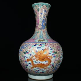 A Rare Famille-Rose Painted Gold Auspicious Cloud,Dragon and Phoenix Pattern Vase
