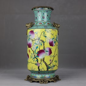 A Huge Yellow Ground Famille-Rose Inlaid Bronze Bats and Peach Pattern Goat-Ears Vase,With Poem
