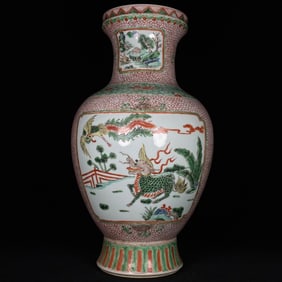 A Huge Wucai Crane, Kylin and Phoenix Pattern Vase