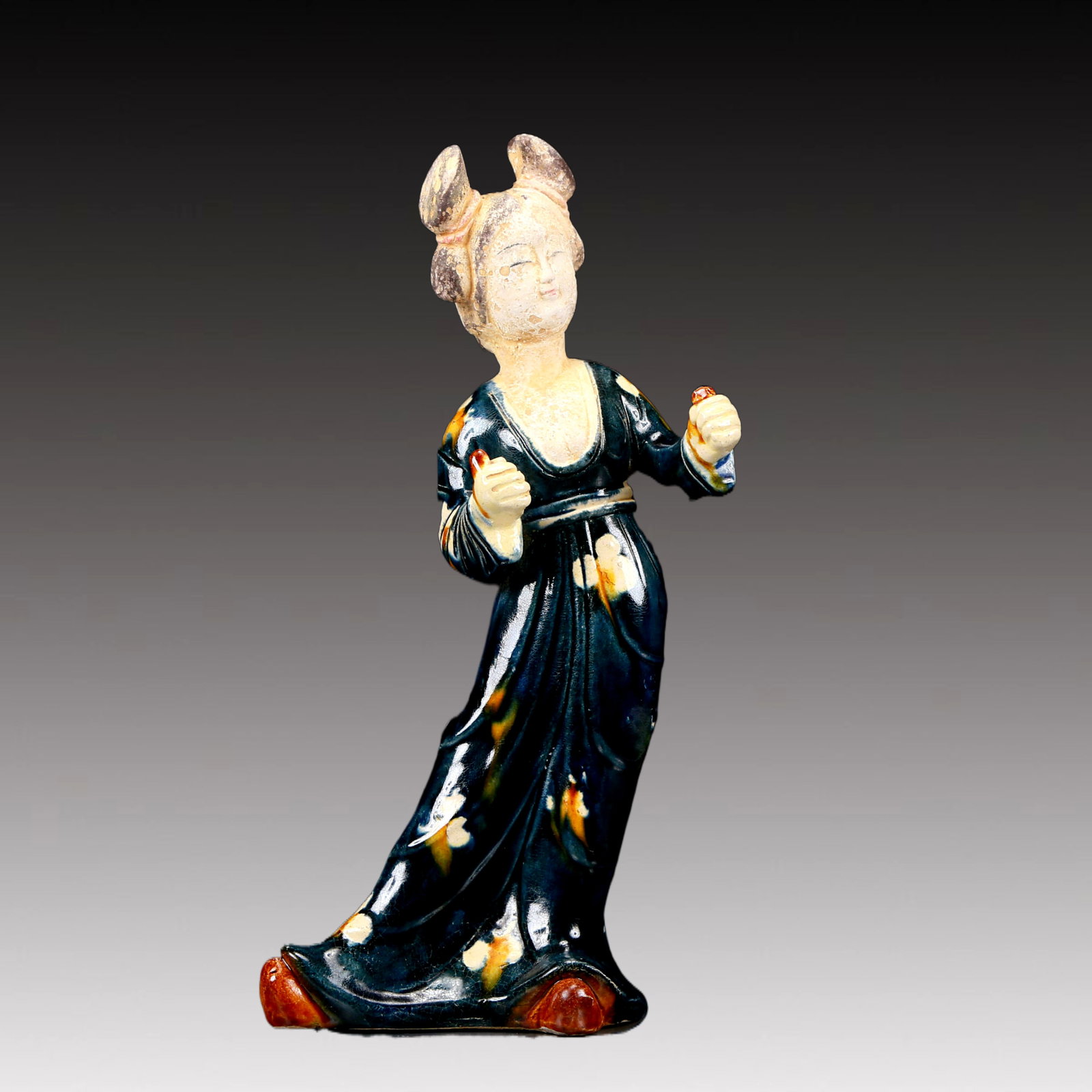 A Rare Tang Tri-Color Glazed Pottery Dancing Figurines: A Rare Tang Tri-Color Glazed Pottery Dancing Figurines,Tang Dynasty, China,Chinese Tang Tri-colored Pottery, or Tang Sancai, flourished during the Tang Dynasty (618–907 AD). It's renowned for