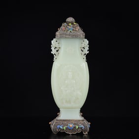 An Exquisite Silver-gilt Inlaid White Jade Figure Pattern Double-Ears Vase
