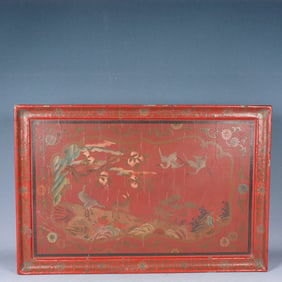 A Huge Carved Red Lacquer Painted Color Crane and Deer Pattern Plate