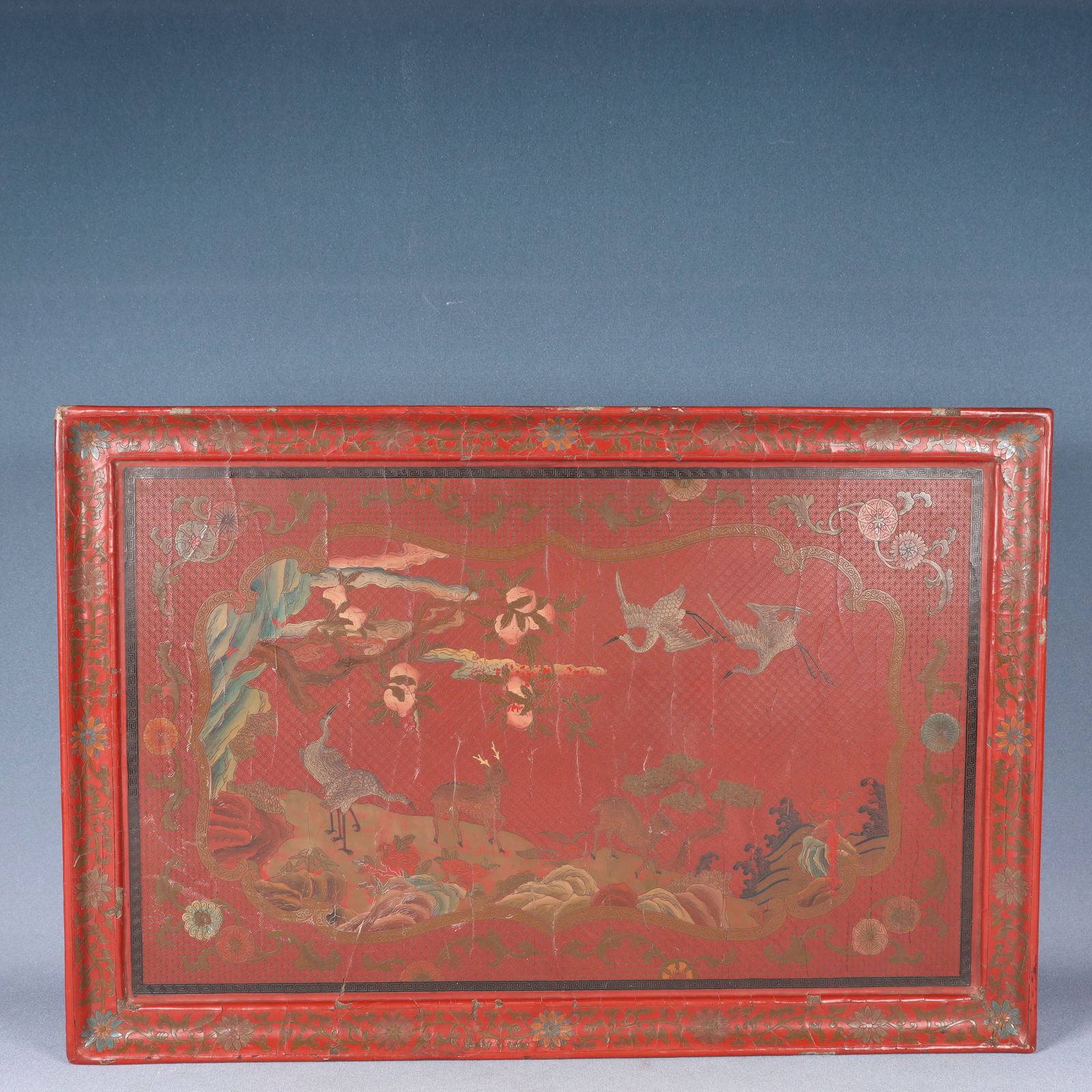 A Huge Carved Red Lacquer Painted Color Crane and Deer Pattern Plate: A Huge Carved Red Lacquer Painted Color Crane and Deer Pattern Plate,Qing Dynasty, China,Qianlong Six-character Mark,Size:60cmx40.5cmx4.5cm,Weight:2050g 