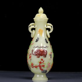 An Exquisite Greenish Jade Character and Story Pattern Double-Ears Bottle