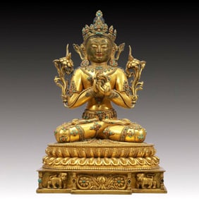 A Solemn Gilt Bronze Inlaid Gems Statue of Bodhisattva