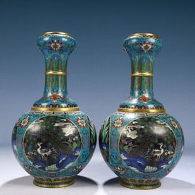 A Pair of Exquisite Cloisonne Rooster,Pine and Crane Pattern Vase