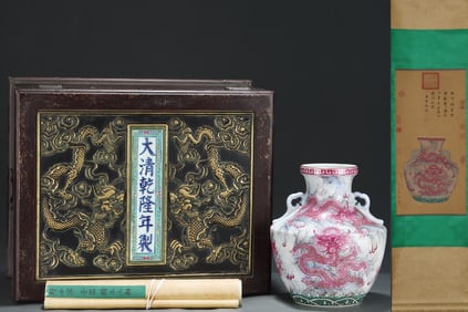 An Exquisite Ink Color Ruby Red-Glazed Painted Gold Seawater and Dragon Pattern Double-Ears