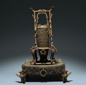 An Archaic Bronze Hollow Chi-Dragon Pattern Hanging Kettle,With Base,With Inscription