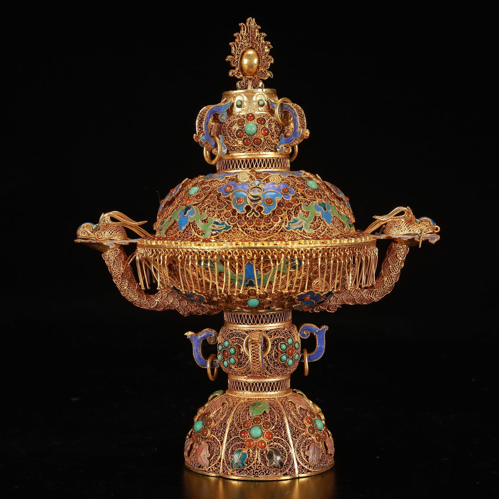 An Exquisite Cloisonne Gilt Flower Pattern Dragon-Ears Censer,Inlaid Gems (1 of 12)