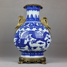 A Huge Blue and White Inlaid Bronze Auspicious Cloud and Dragon Pattern Goose-Ears Vase