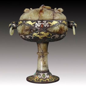 A Rare Bronze Inlaid Gold and Silver Inlaid White Jade Censer