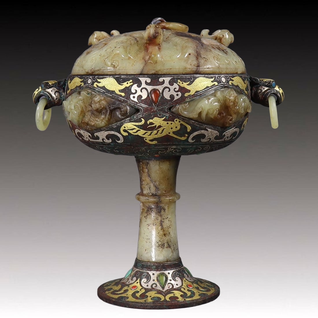 A Rare Bronze Inlaid Gold and Silver Inlaid White Jade Censer (1 of 18)