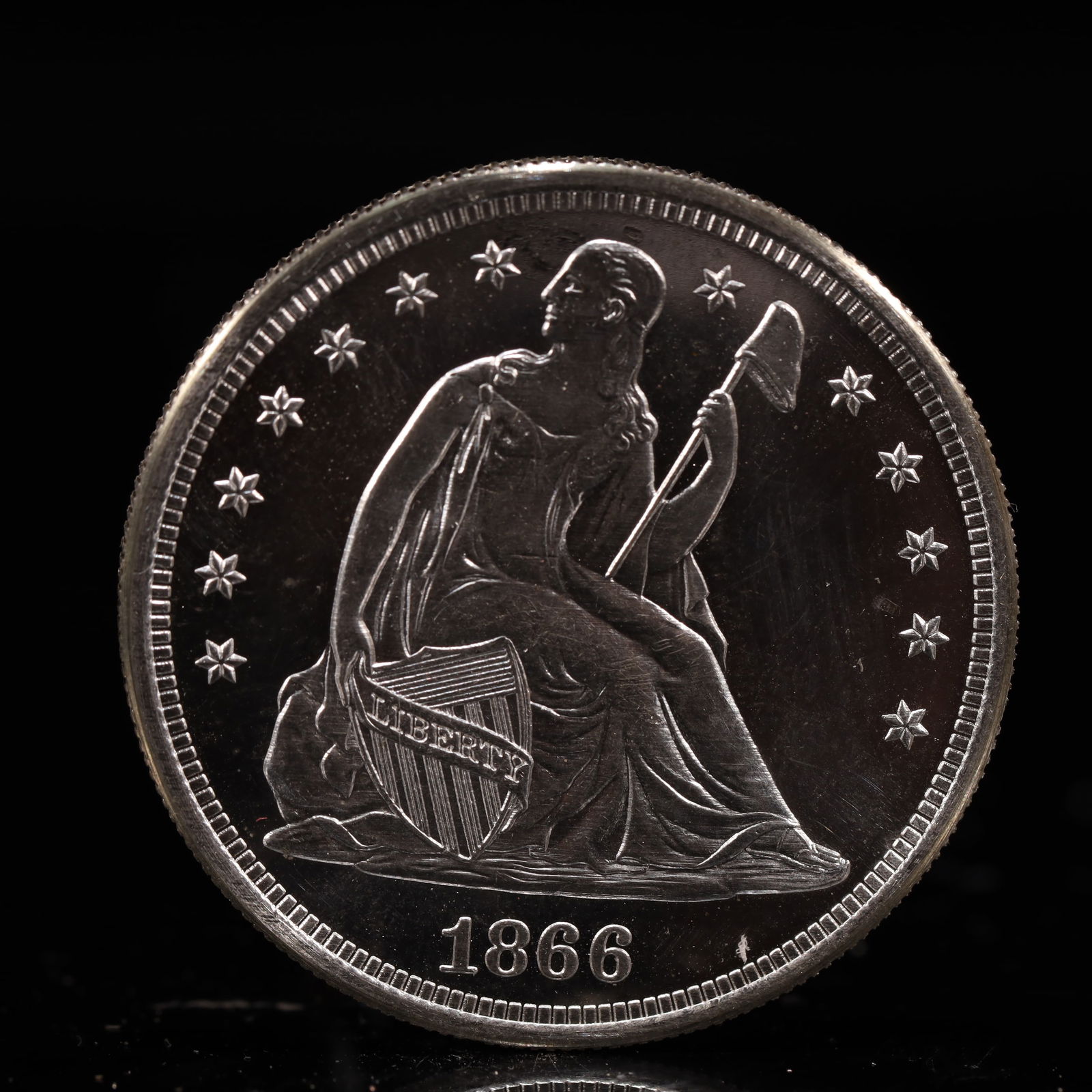 USA One Dollar 1866 Coin: American coin. IN GOD WE TRUST / LIBERTY / 1866 / UNITED STATES OF AMERICA / ONE DOL. Weight:26.9g.