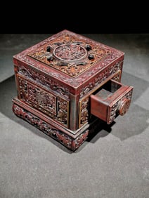 An Exquisite Hollow Bats and Peach Pattern Inkstone,With Poem,With Base,With Cover Box