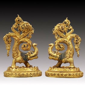 A Pair of Exquisite Gilt Bronze Auspicious Beast Ornaments