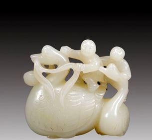 An Exquisite White Jade Figure and Goose Ornament