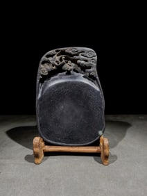 An Exquisite Auspicious Cloud and Crane Pattern Inkstone,With Poem