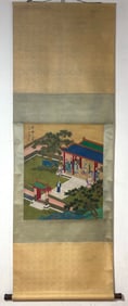 A Chinese Vertical Scroll Ink Painting of Character and Story on Silk,Zhang Daqian