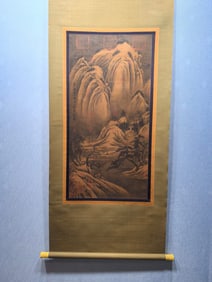 A Chinese Vertical Scroll Ink Painting of Landscape and Figure on Silk,Mi Fu