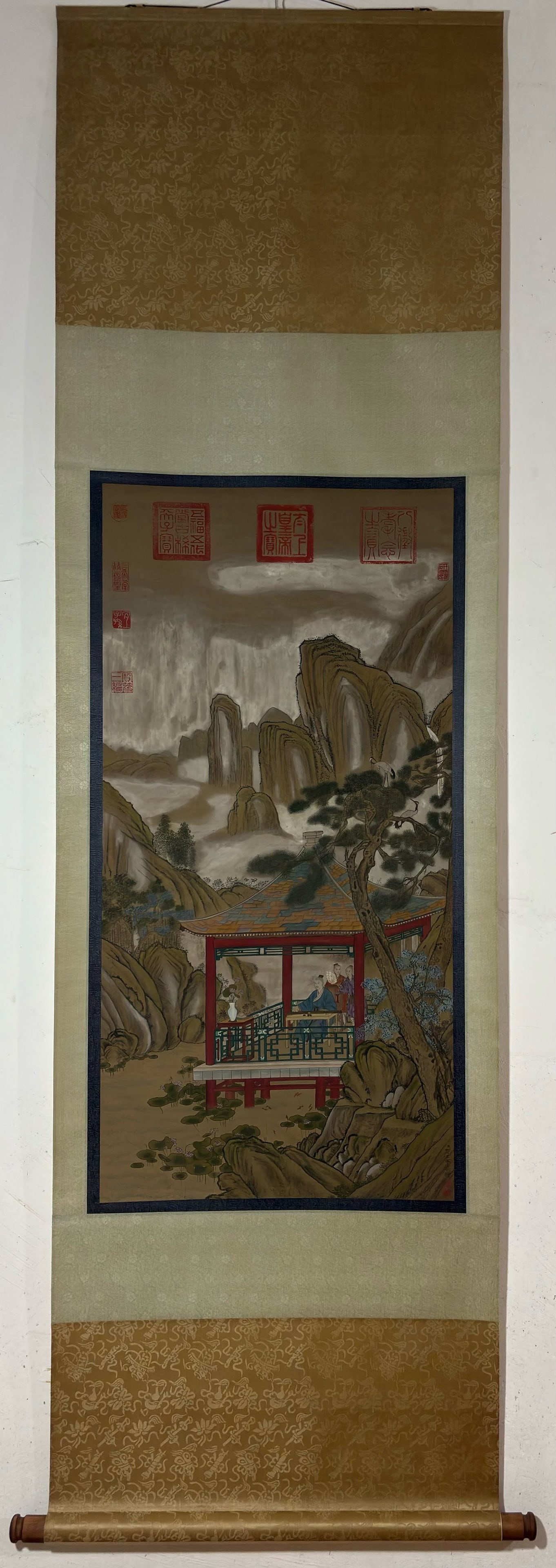 A Chinese Vertical Scroll Ink Painting of Landscape and Figure on Silk,Lang Shining (1 of 9)