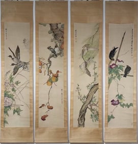 A Set of Chinese Vertical Scroll Ink Painting of Flower and Bird on Paper,Liu Kuiling
