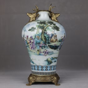A Huge Famille-Rose Inlaid Bronze Character and Story Pattern Deer-Ears Vase,With Poem