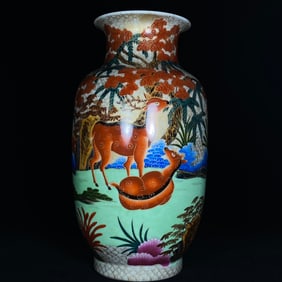 A Rare Enamel Painted Gold Crane and Deer Pattern Vase