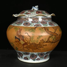 A Rare Blue and White Wucai Character and Story Pattern Cover Jar,With Poem