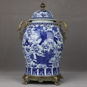 A Huge Blue and White Inlaid Bronze Kylin Pattern Double-Ears Cover Jar