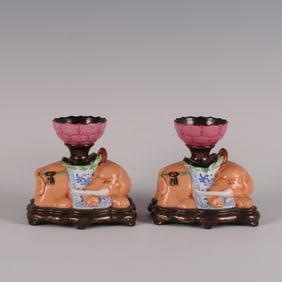 A Pair of Exquisite Ancient Bronze Glazed Painted Color Painted Gold Elephant-Shaped Candlesticks