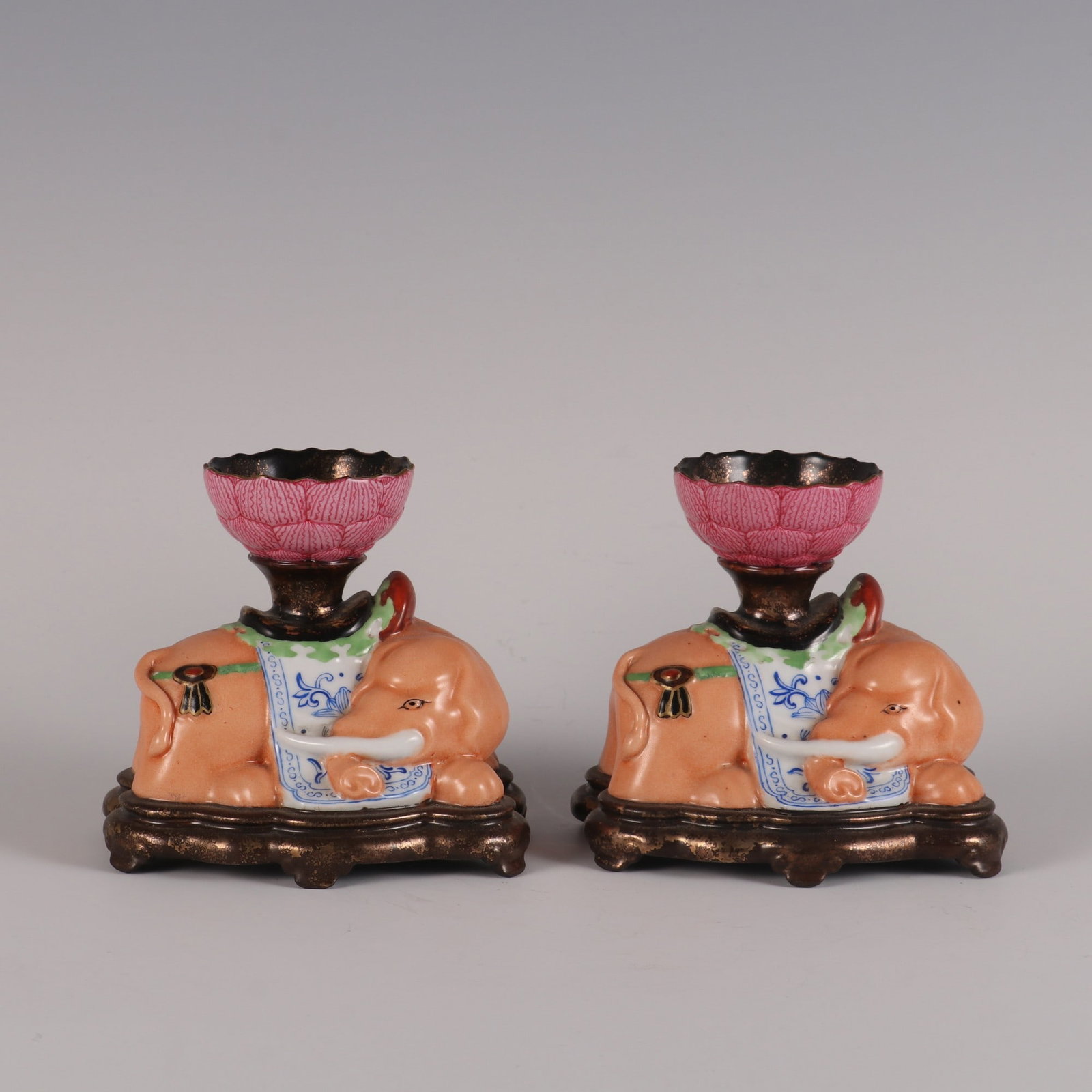 A Pair of Exquisite Ancient Bronze Glazed Painted Color Painted Gold Elephant-Shaped Candlesticks (1 of 9)