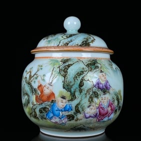 An Exquisite Famille-Rose Character and Story Pattern Tea Caddy,With Poem