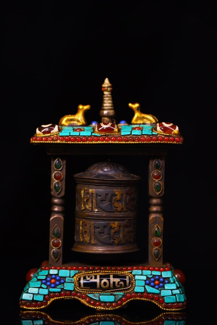 A Rare Bronze Inlaid Turquoise and Dzi Bead Ornament,With Scriptures: A Rare Bronze Inlaid Turquoise and Dzi Bead Ornament,With Scriptures,Size:13.cmx3.7in,Weight:450g 铜嵌绿松石和天珠摆件,带经È