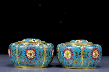 A Pair of Exquisite Cloisonne Lotus Pattern Jars
