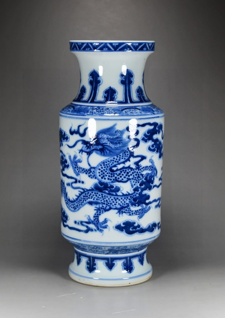 A Rare Blue and White Auspicious Cloud,Dragon and Phoenix Pattern Vase (1 of 8)